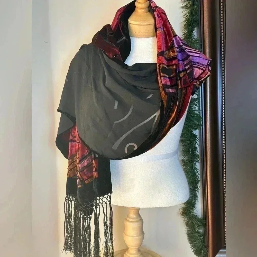 CCC Silk Bottom Rayon Top Fringed Scarf Abstract Geometrical Shimmer